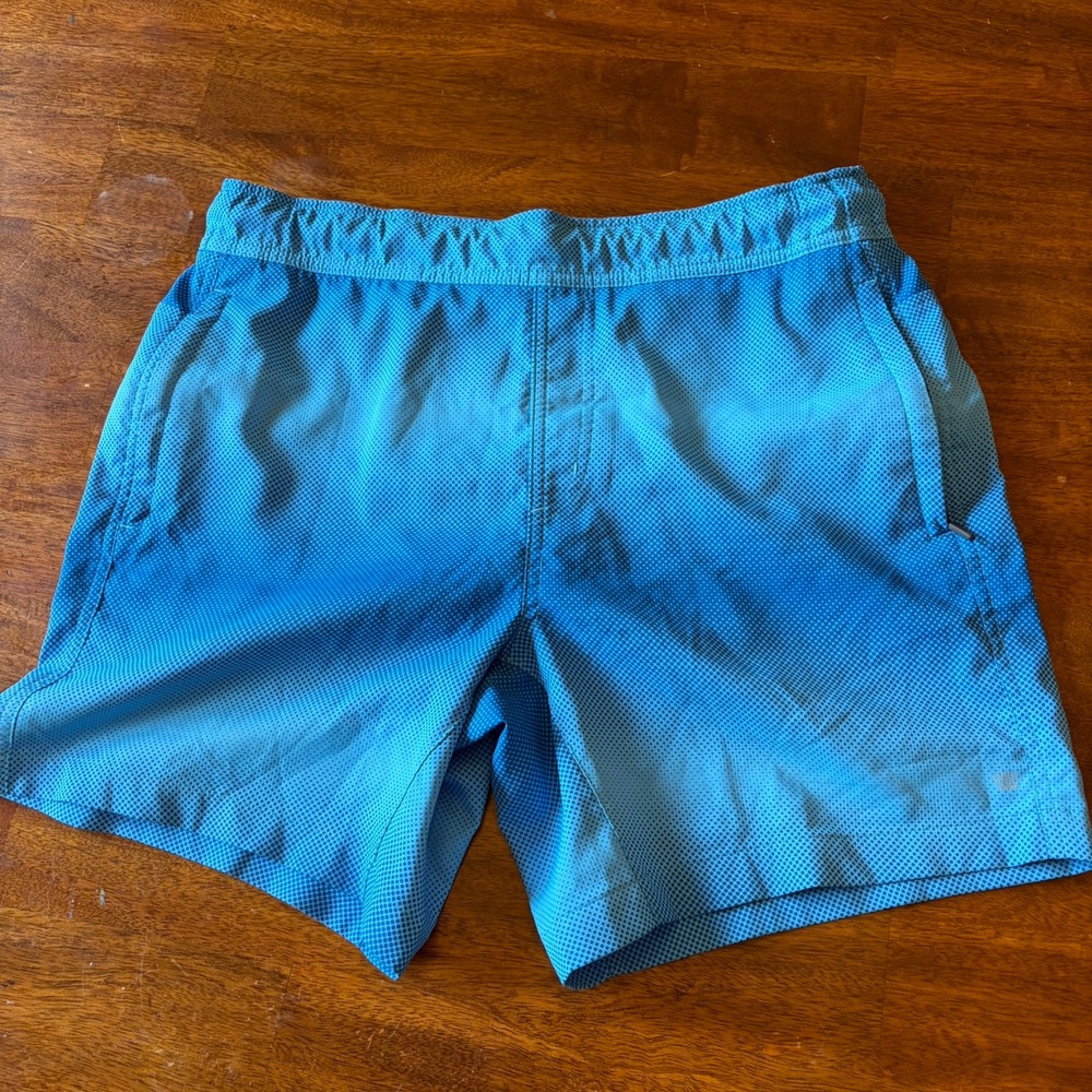 Mack Weldon Men's Small Swim Trunks Blue Geometric Mesh Lined Zip Pocket